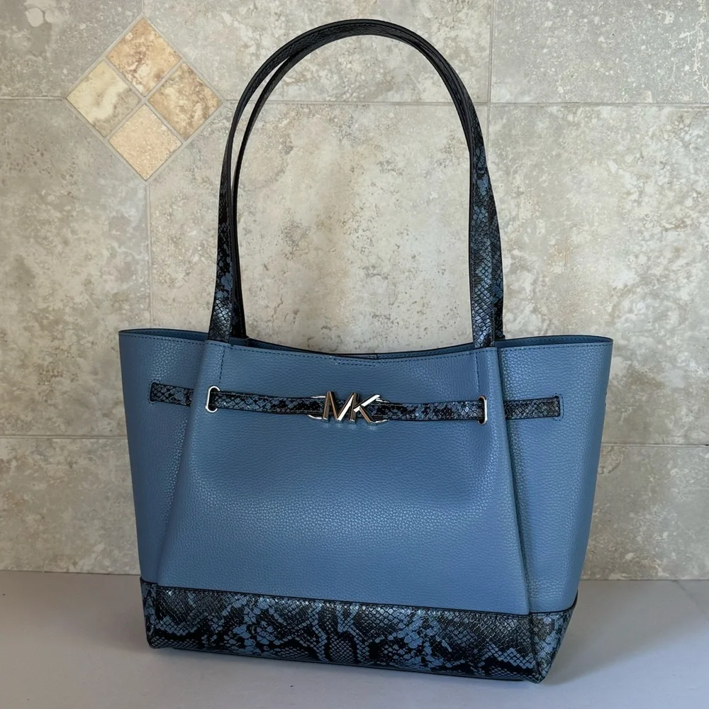 Michael Kors Blue Leather Tote with Snake-Print Accents - Picture 4 of 15